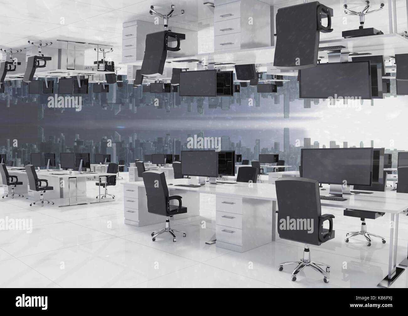 Digital composite of inverted office with skyline Stock Photo