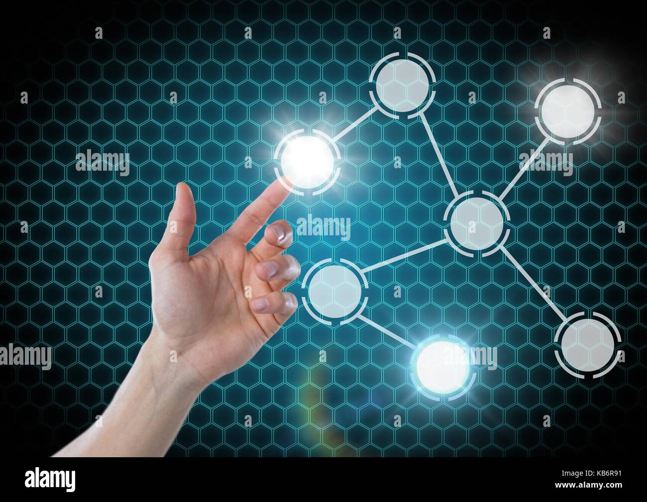 Digital composite of Hand touching icons interface of circles Stock ...