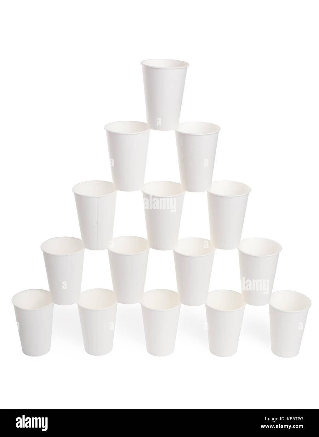 Pyramid of white disposable paper cups isolated on white background Stock Photo