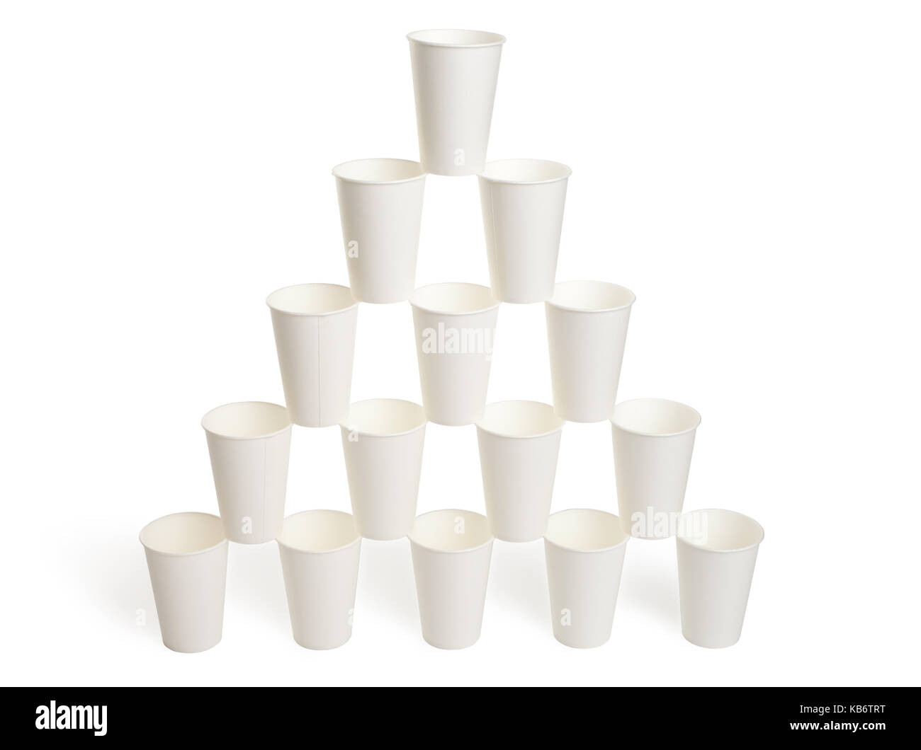Pyramid of white disposable paper cups isolated on white background Stock Photo