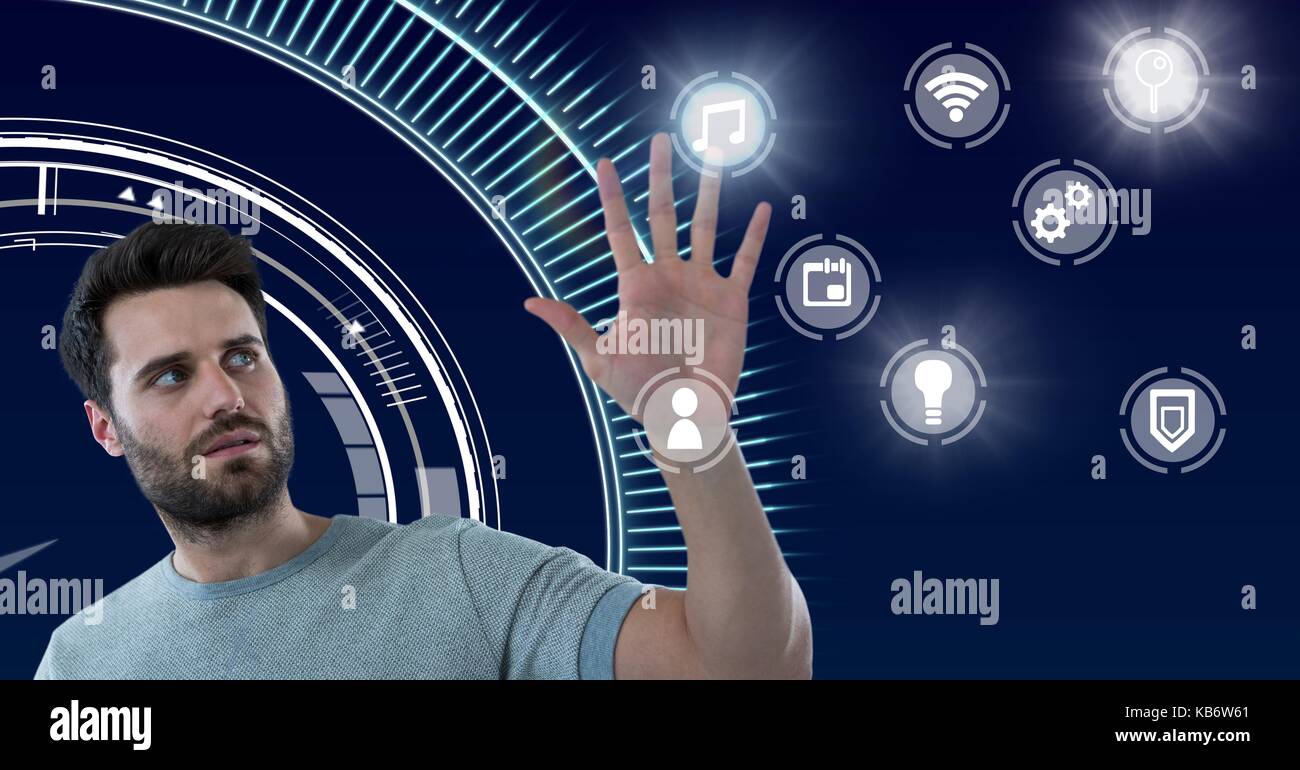 Digital composite of Hand touching icons interface of internet of ...