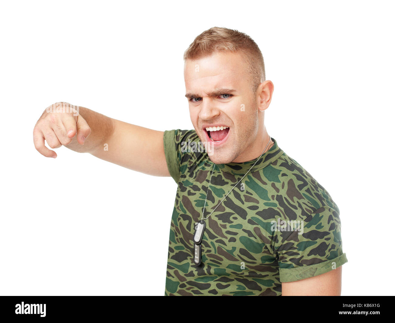 Loud scream of anger furious army soldier pointing towards camera ...