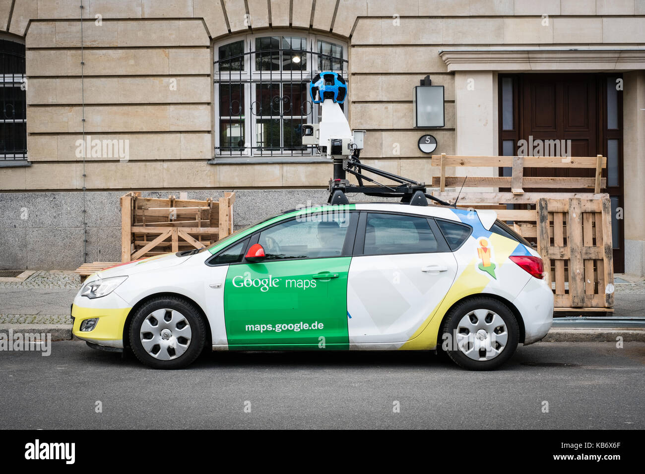 Berlin, Germany - September 27, 2017: The Google maps / Google Street view car with 360° camera on the street. Stock Photo