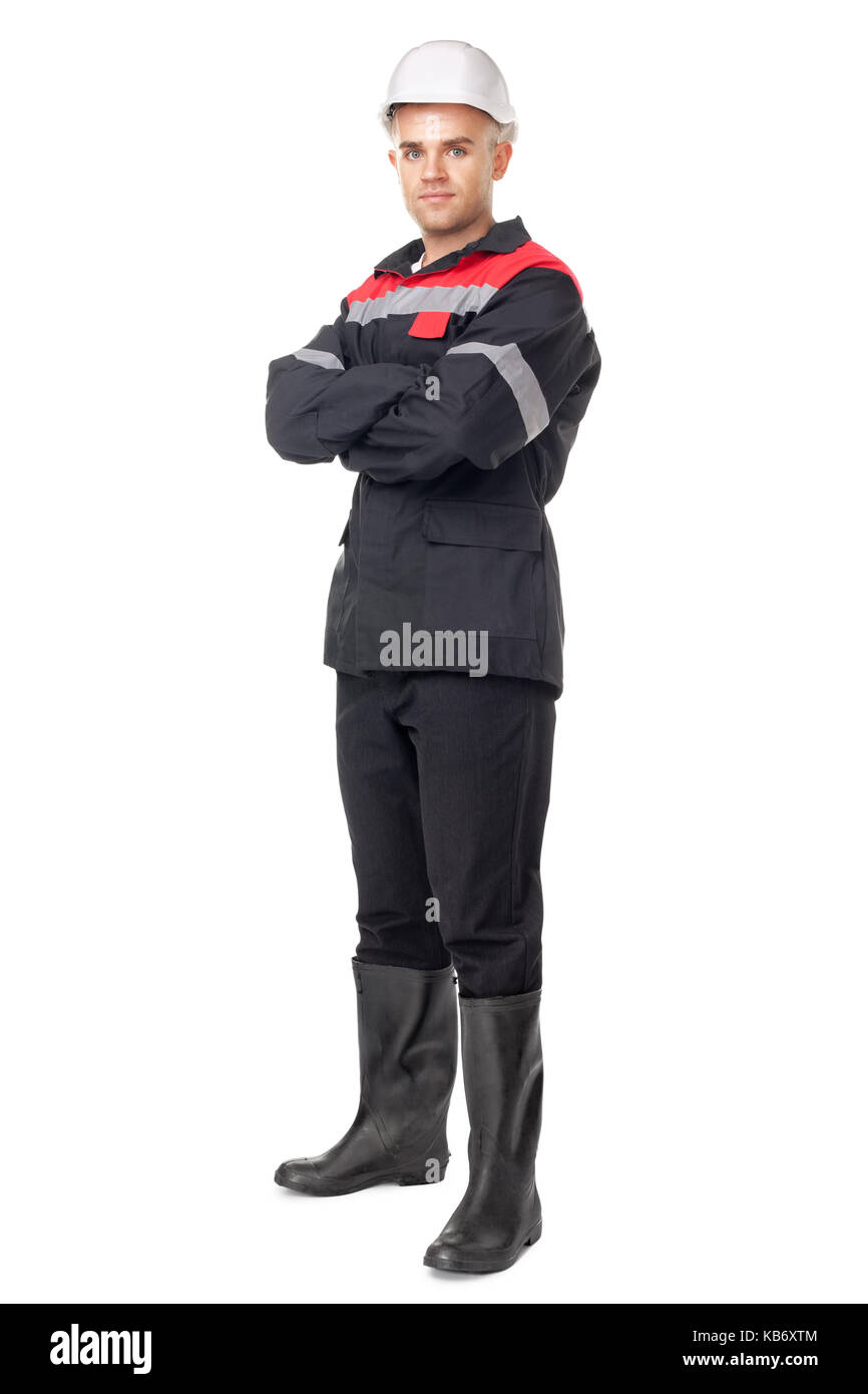 Full length portrait of young worker wearing workwear isolated on white