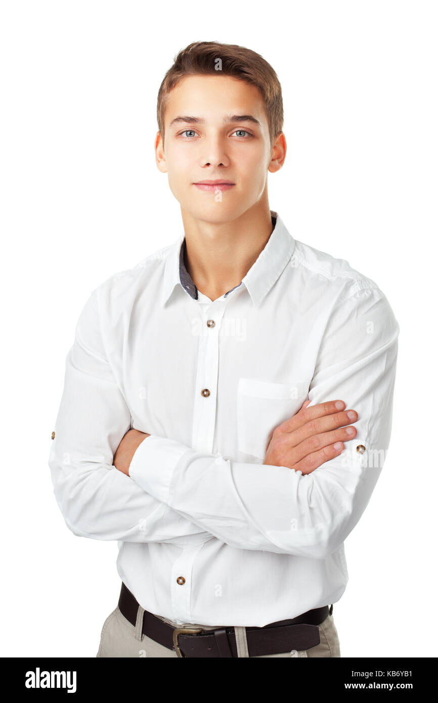 Portrait of happy smiling young man wearing a white shirt standing with ...