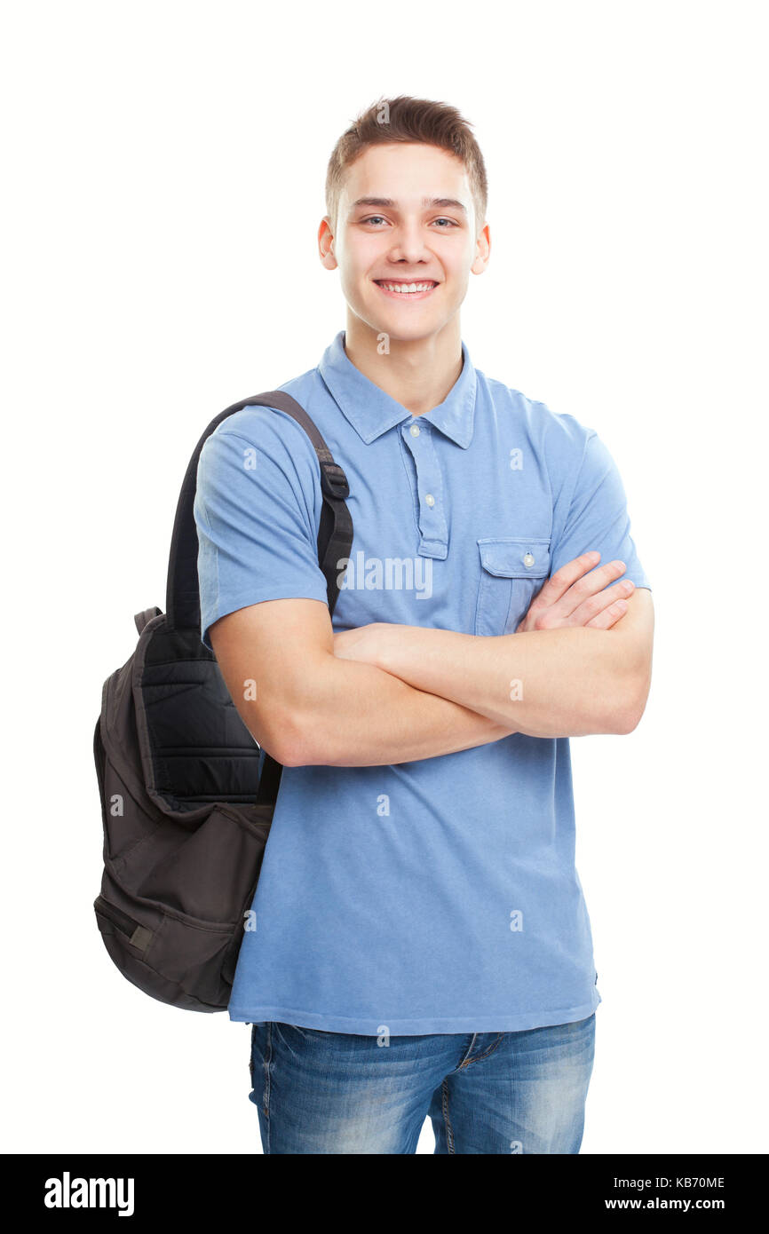 Portrait of happy smiling student with backpack isolated on white ...