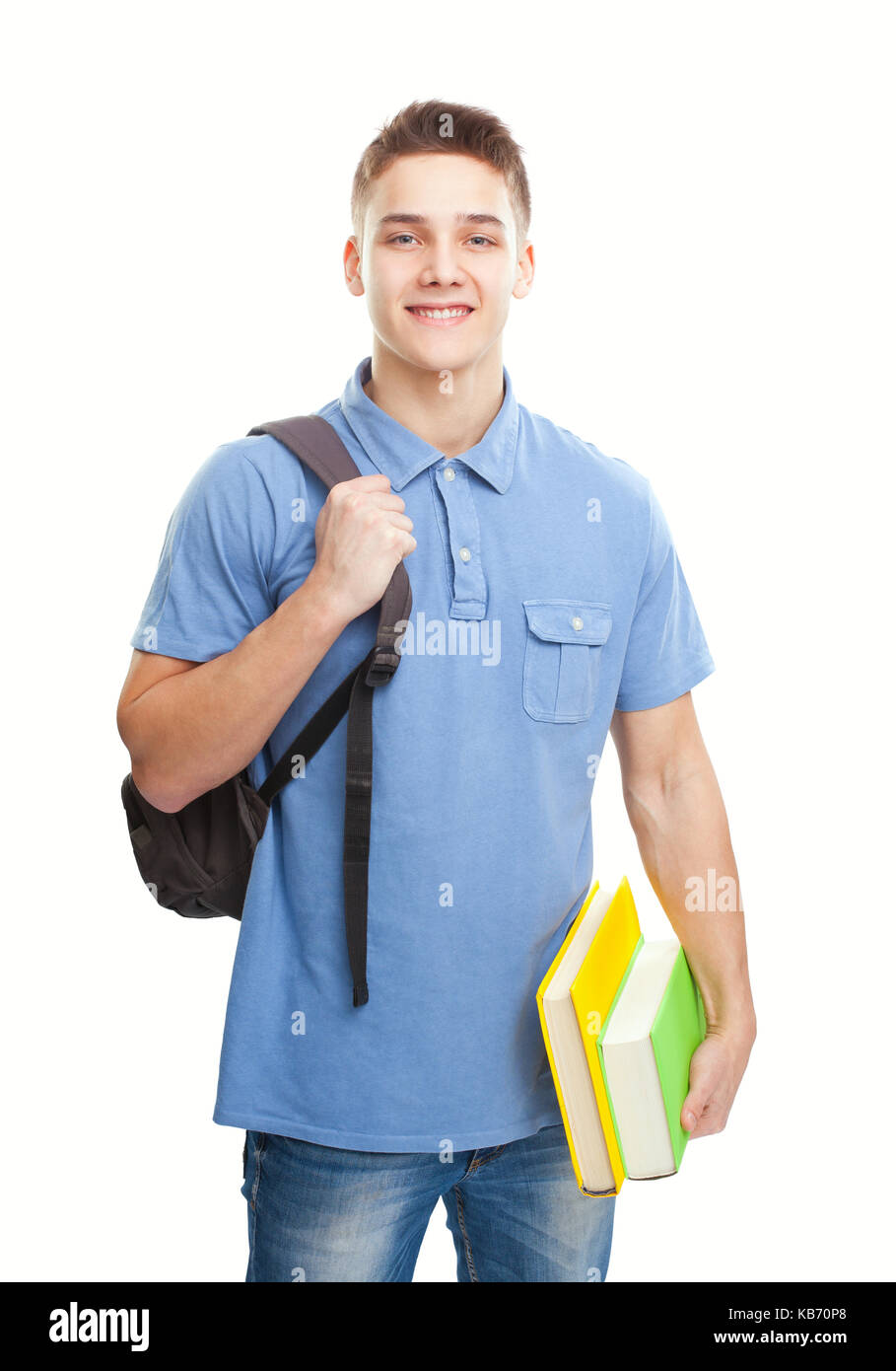 Portrait of happy smiling student with books and backpack isolated on ...