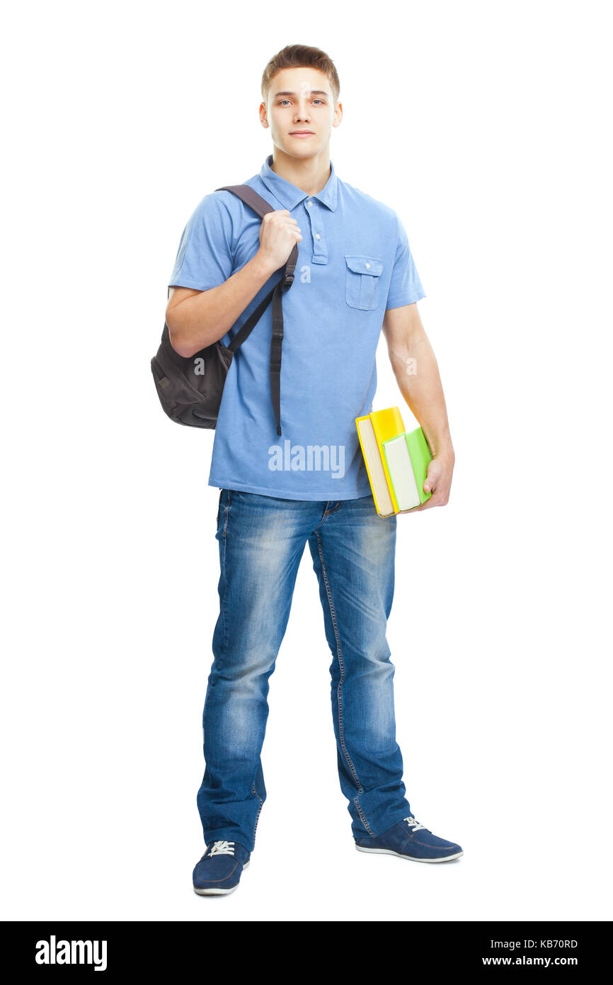 Full length portrait of happy smiling student with books and backpack ...