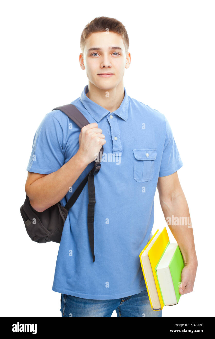 Portrait of happy smiling student with books and backpack isolated on ...