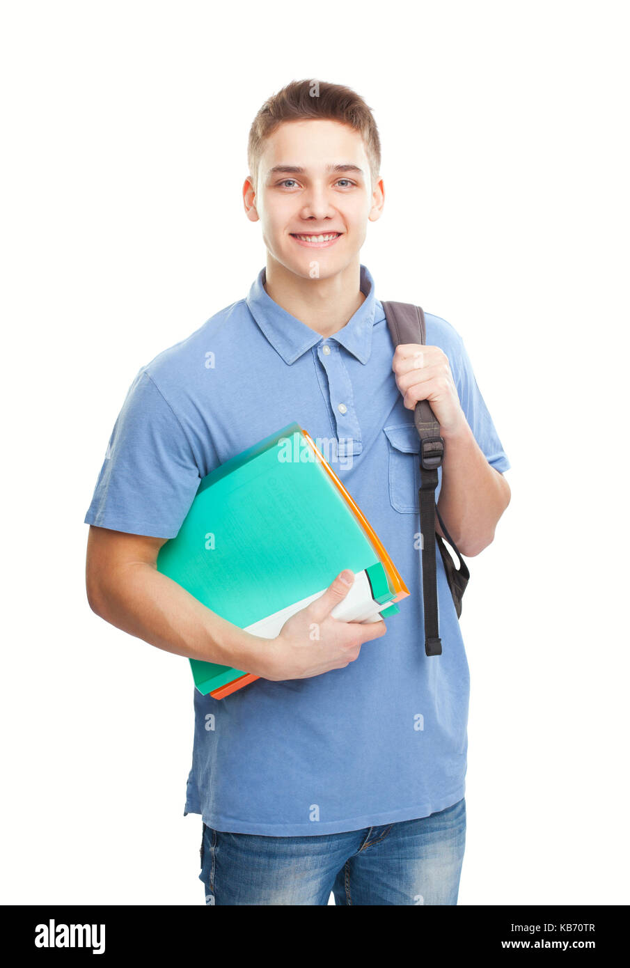 Portrait of happy smiling student with his notebook and backpack ...