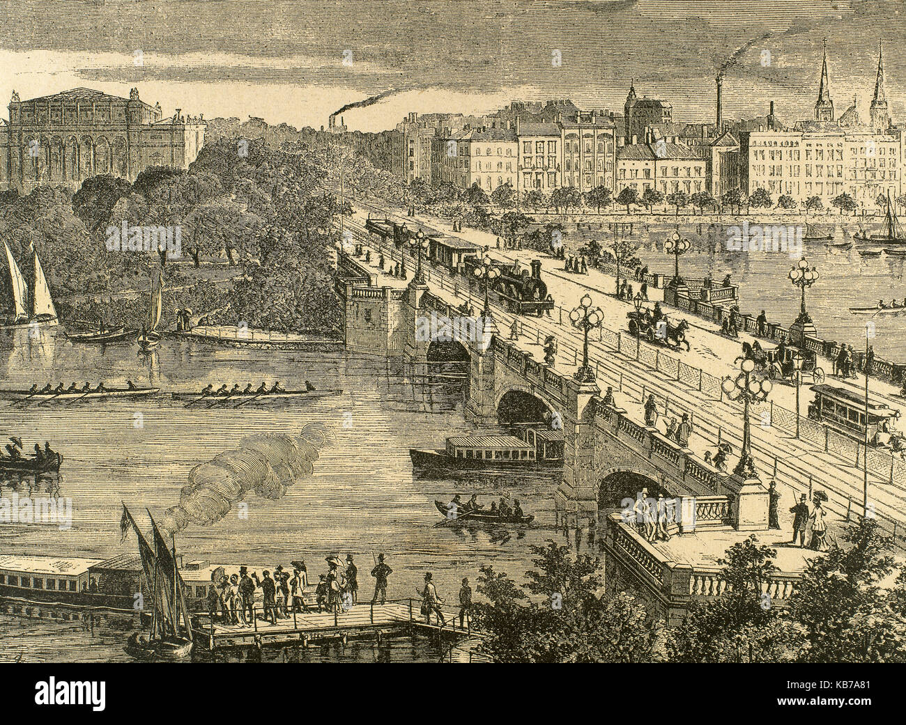 Germany. Hamburg. Cityscape with the Lombardo Bridge over the Alster river.  Engraving. 19th century. Stock Photo