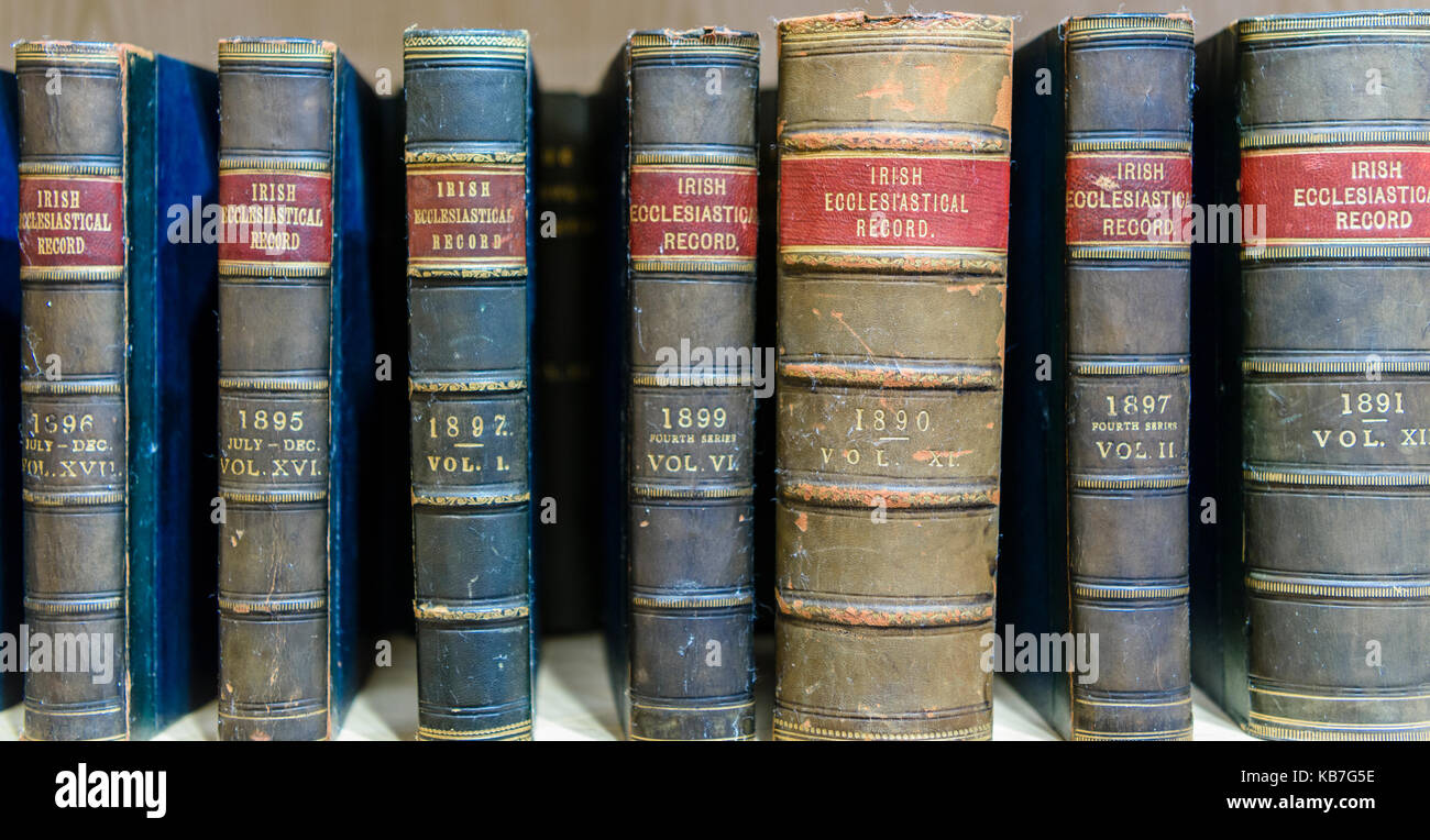Old Irish theology books in a library specialising in Irish History. Stock Photo