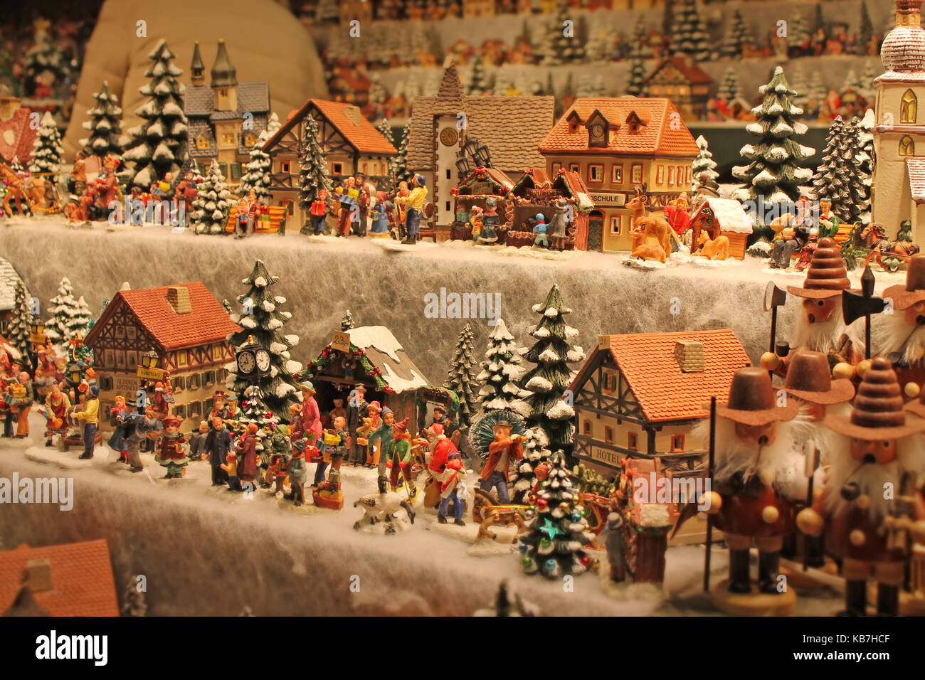 Christmas decoration on advent market. Decorative miniature city ...