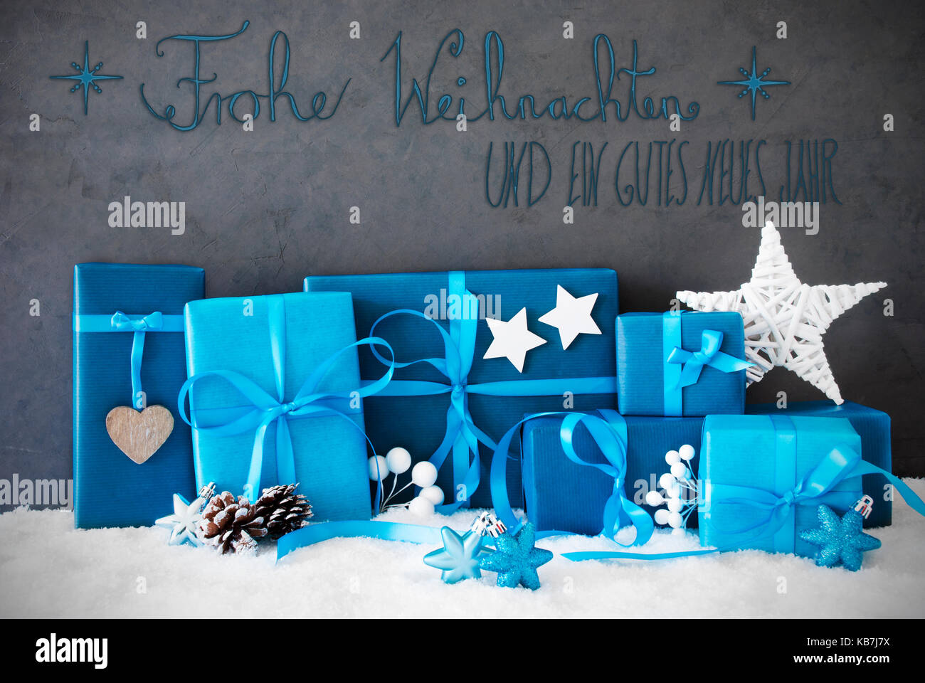 Christmas Gifts, Snow, Calligraphy Gutes Neues Jahr Means Happy New Year Stock Photo