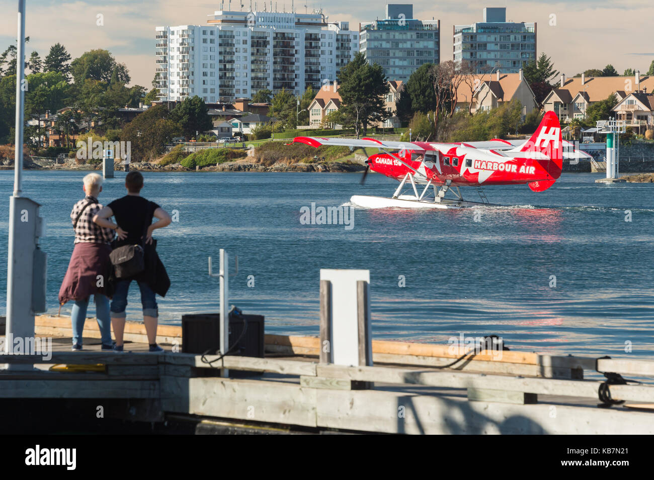 Victoria, British Columbia, Canada - 11 September 2017: a Seaplane painted with the Canadian flag is about to take off Stock Photo