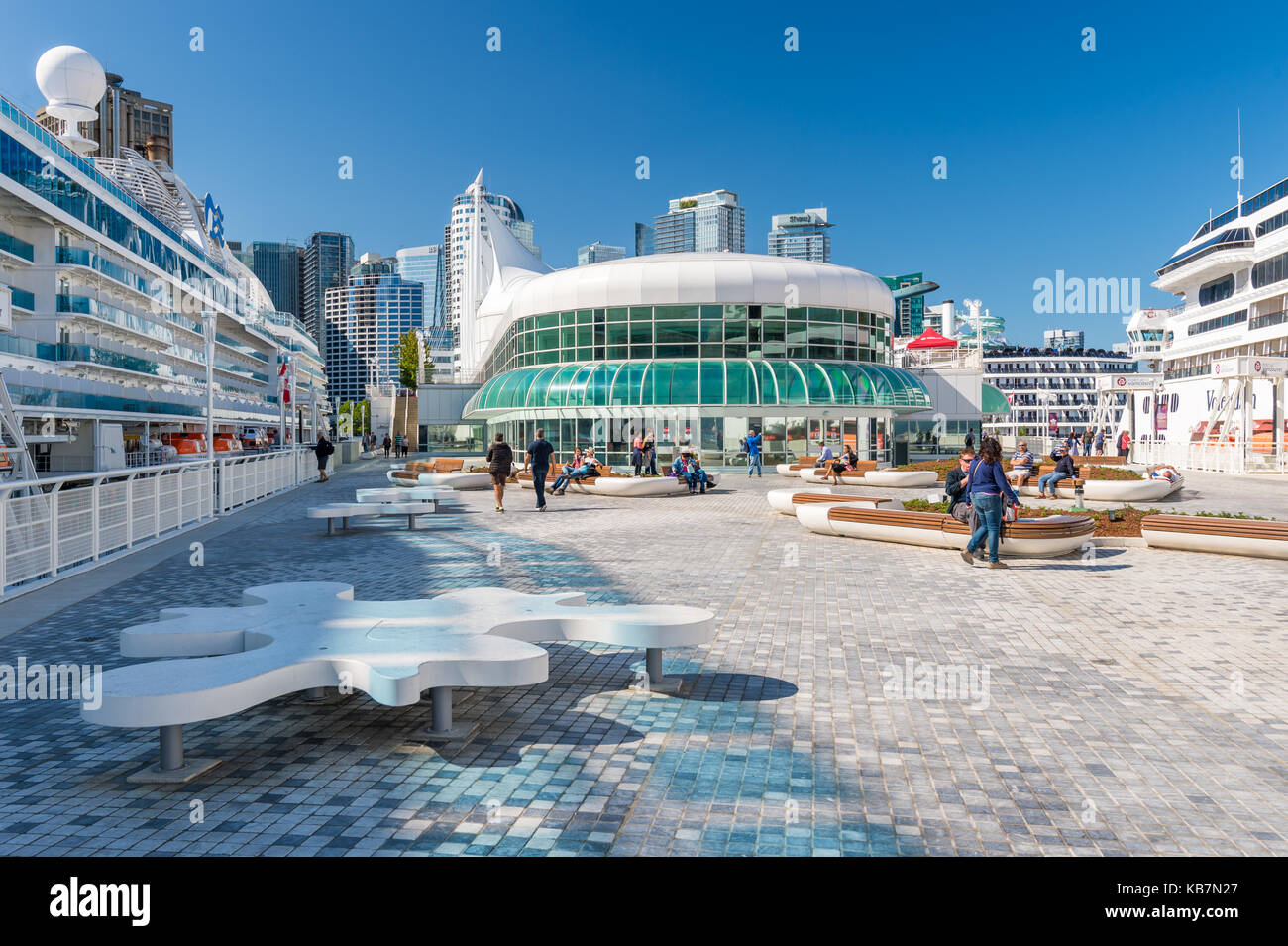 Vancouver, British Columbia, Canada - 13 September 2017: Canada Place in Summer with two cruise ships docked Stock Photo