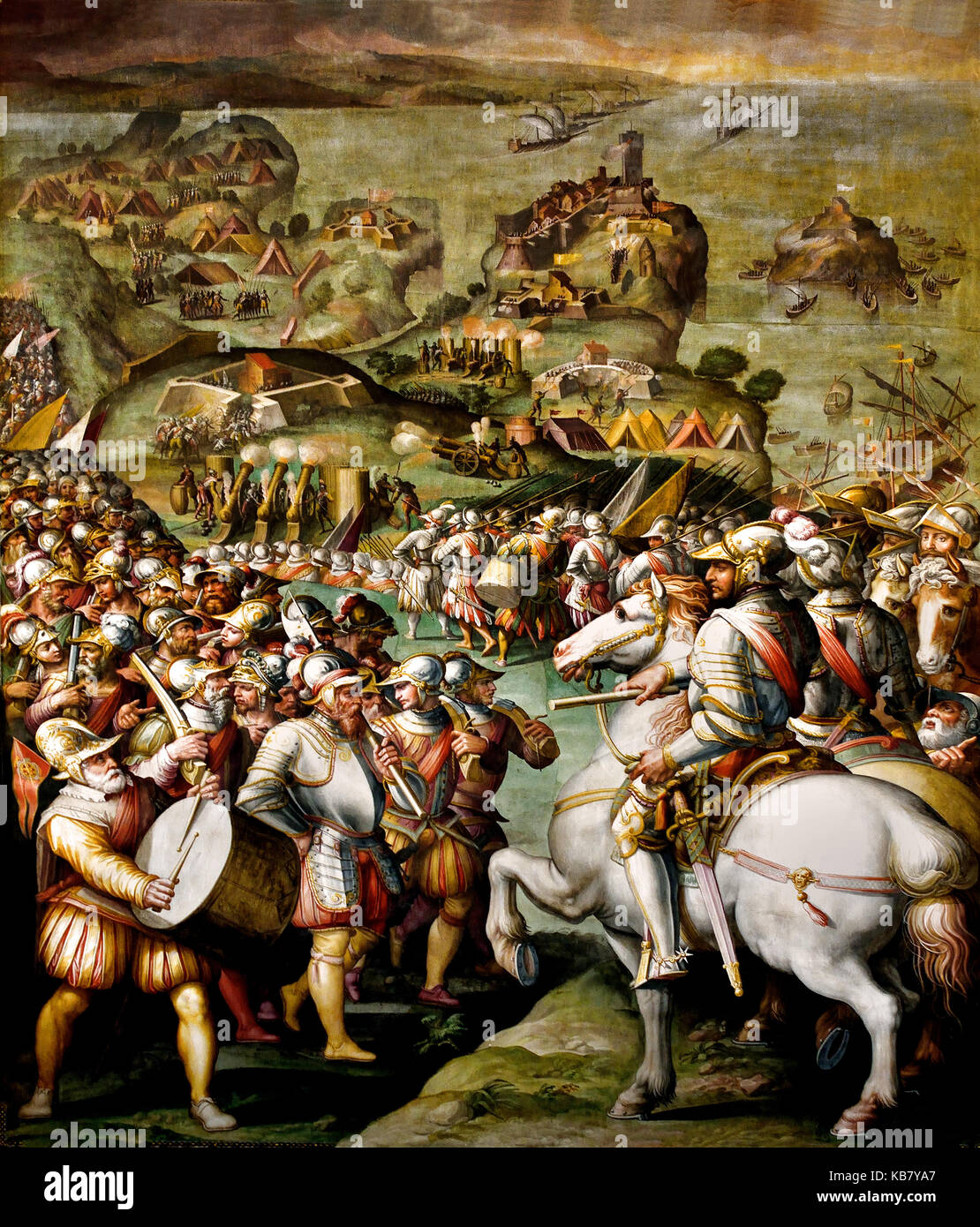 Capture of Porto Ercole by Giorgio Vasari 1568/1570 ( Salone dei Cinquecento ) The Palazzo Vecchio Florence Italy (After the taking of Siena and the Medicean-Imperial troops entering the city on the 21st of April 1555, several Sienese, French and Florentine exiles found refuge in Porto Ercole ) Stock Photo