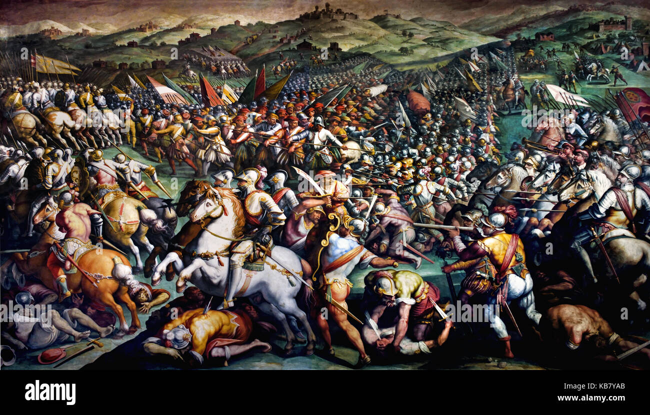 The storming of the fortress near Porta Camollia in Siena Giorgio Vasari 1570 The Palazzo Vecchio Florence Italy ( room Salone dei Cinquecento ) detail Stock Photo