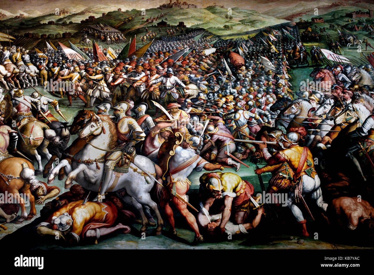 The storming of the fortress near Porta Camollia in Siena Giorgio Vasari 1570 The Palazzo Vecchio Florence Italy ( room Salone dei Cinquecento ) detail Stock Photo