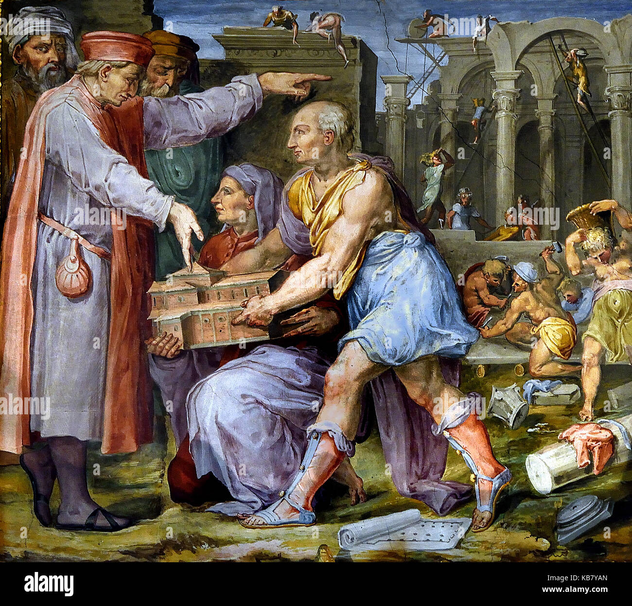 Filippo Brunelleschi and Lorenzo Ghiberti present to Cosimo the model of the church of San Lorenzo by Giorgio Vasari 1556-1558 16th Century The Palazzo Vecchio Florence Italy Stock Photo