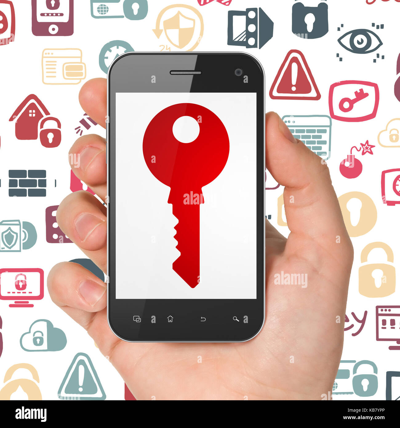 Protection concept: Hand Holding Smartphone with Key on display Stock ...