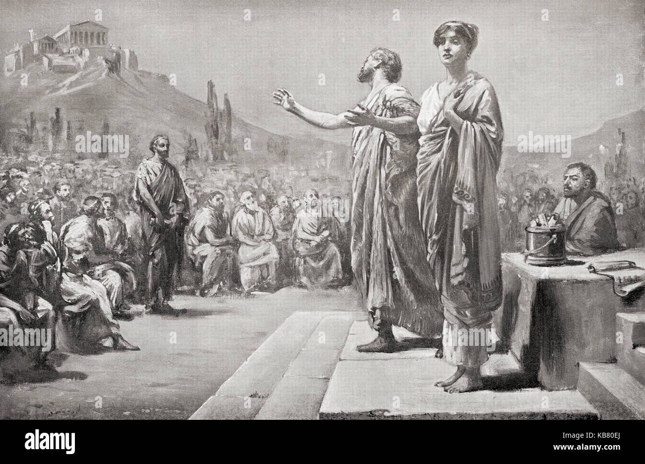 Pericles pleading for Aspasia. Noted for her ability as a conversationalist and adviser she was accused of corrupting the women of Athens in order to satisfy Pericles' perversions.  Aspasia, c. 470 – c. 400 BC.  Lover of Pericles.  Pericles, c. 495 – 429 BC.  Prominent and influential Greek statesman, orator and general of Athens.  After the painting by Margaret Dovaston, (1884-1954).  From Hutchinson's History of the Nations, published 1915. Stock Photo