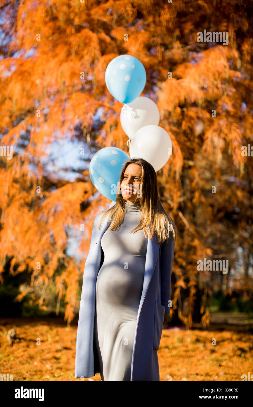 Pretty young pregnant woman with balloons in the autumn park Stock ...