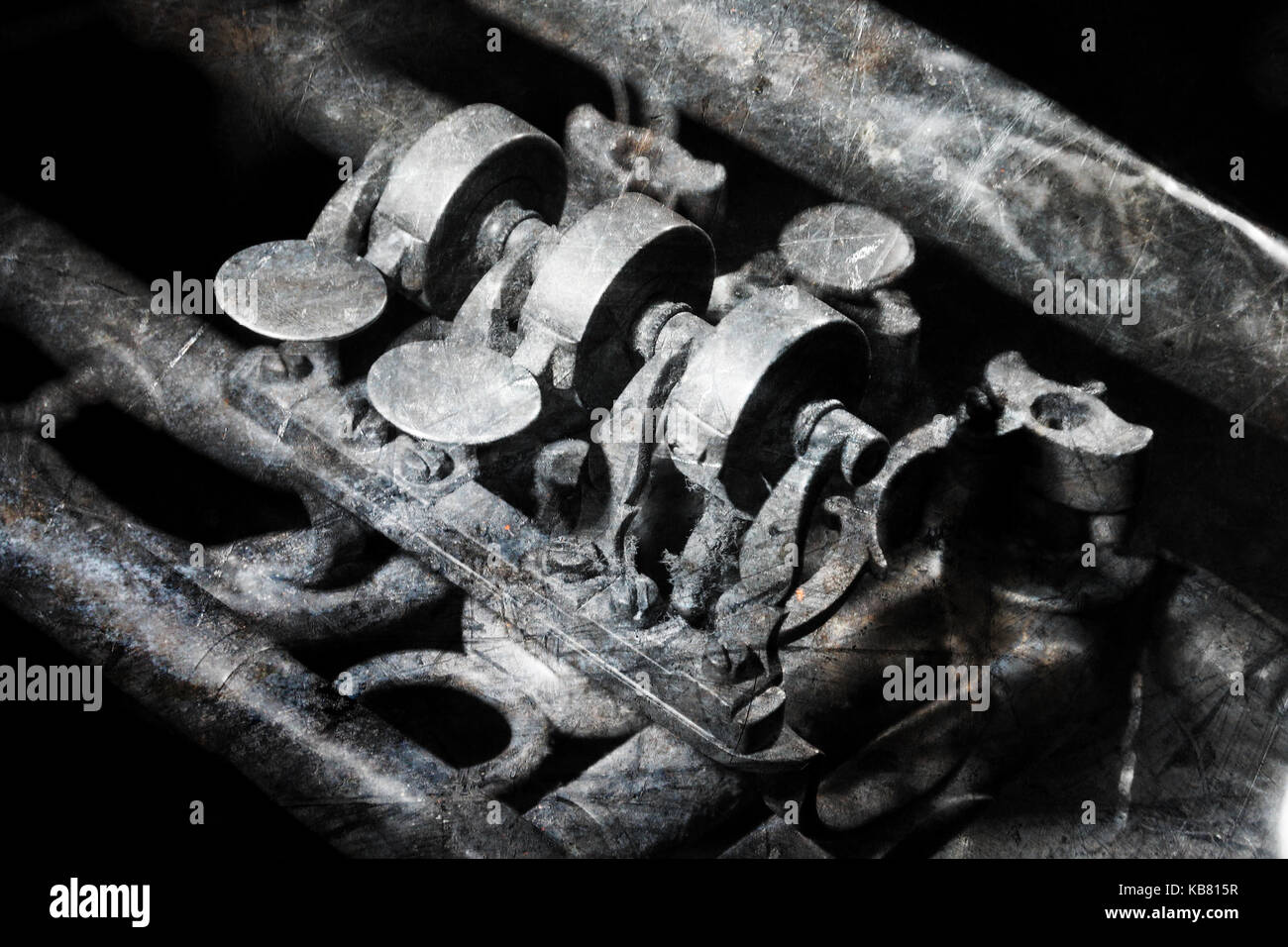 Part of a very old trumpet Scratched Selective focus Stock Photo