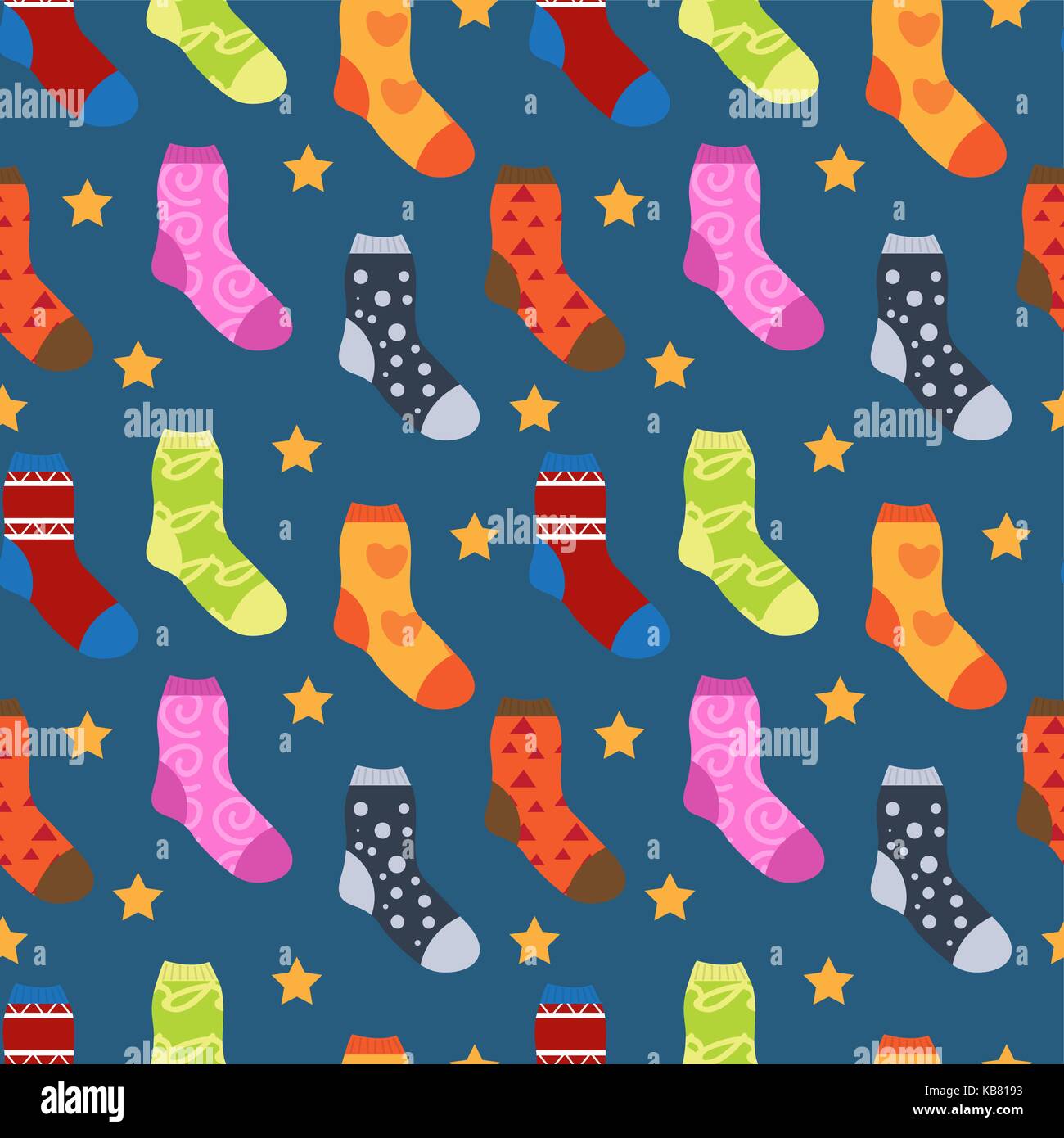 Winter socks with different prints seamless pattern. Christmas sock repeating texture. Endless background. Vector illustration. Stock Vector
