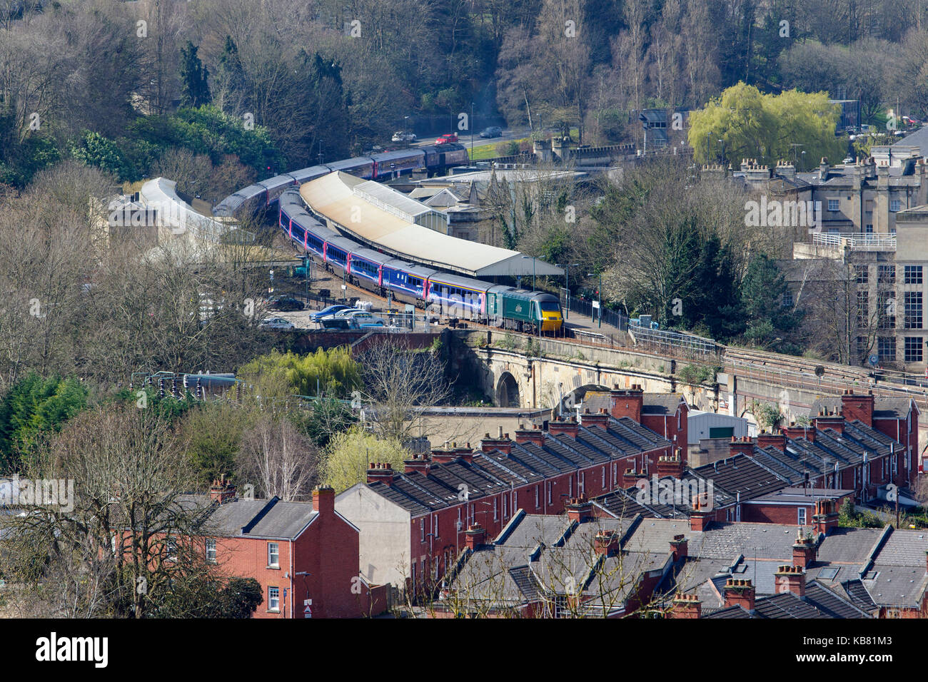 Great Western Railway train trains are pictured arriving and departing from Bath spa railway station in Bath, Somerset, England, UK Stock Photo
