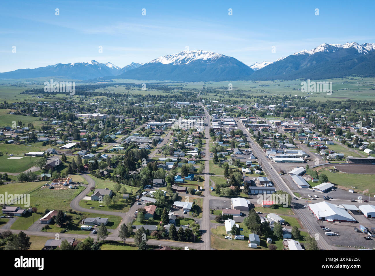 Aerial view of the town of Enterprise in Oregon's Wallowa Valley Stock