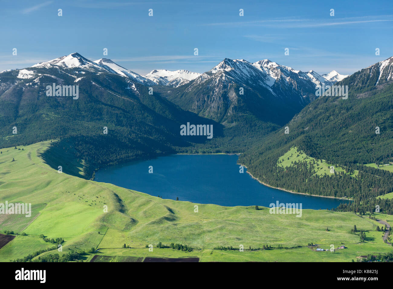 Aerial view of the town of Joseph, Wallowa Lake and the Wallowa Stock