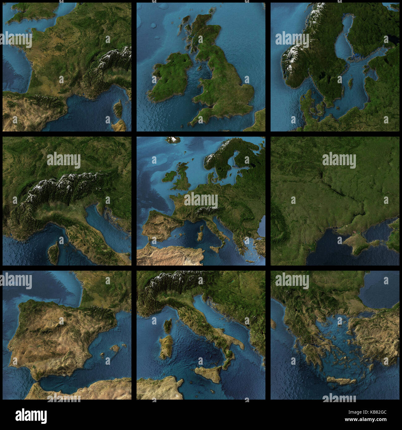 Europe map set. 3d rendering landscape, shadows, transparent water. Earth map courtesy NASA Stock Photo