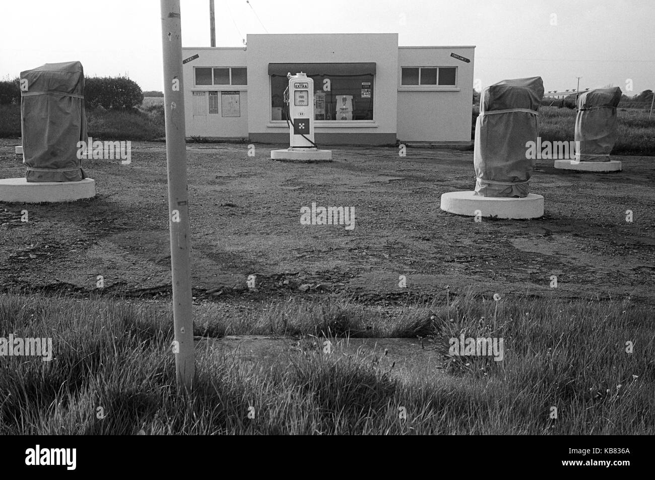 Petrol station closed down boarded up, Devon 1970s UK. HOMER SYKES Stock Photo
