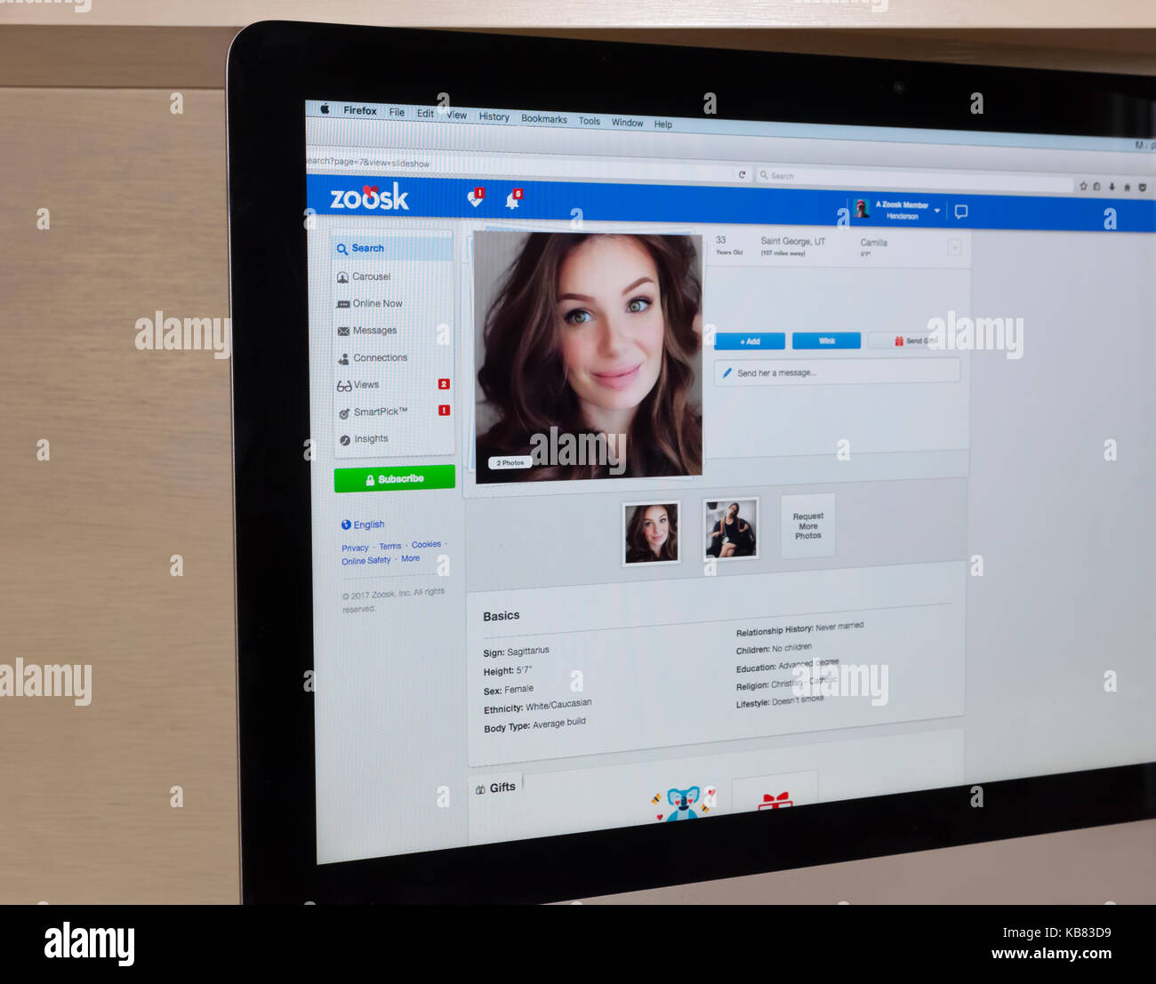 Zoosk dating site profile on a computer screen. Stock Photo