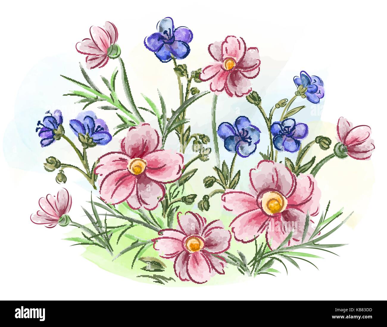 Watercolor flowers violets and pansy and leaves on meadow Stock Vector