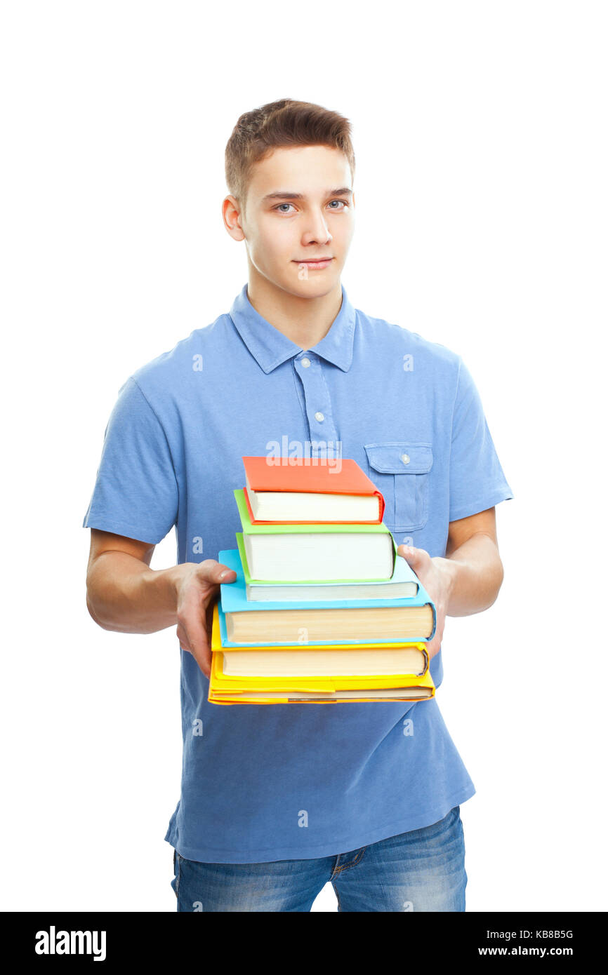 Portrait of happy smiling student holding stack of books isolated on ...