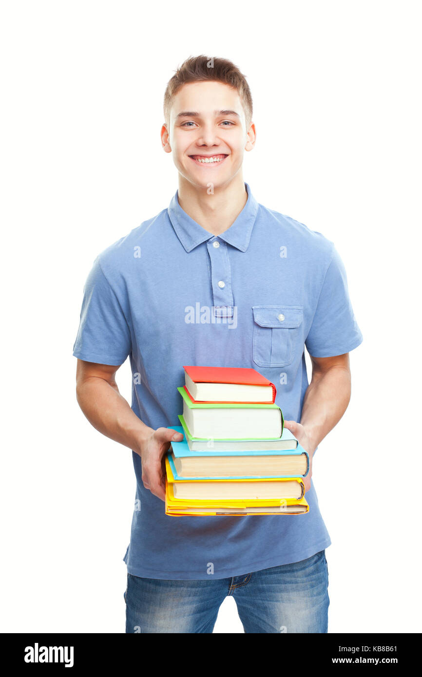 Portrait of happy smiling student holding stack of books isolated on ...