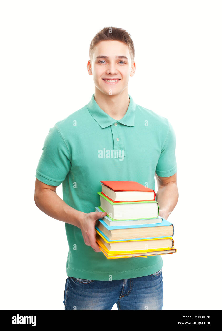 Portrait of happy smiling student holding stack of books isolated on ...