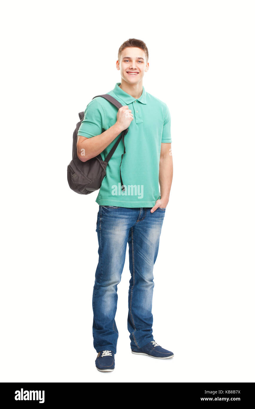 Full length portrait of happy smiling student with backpack isolated on ...