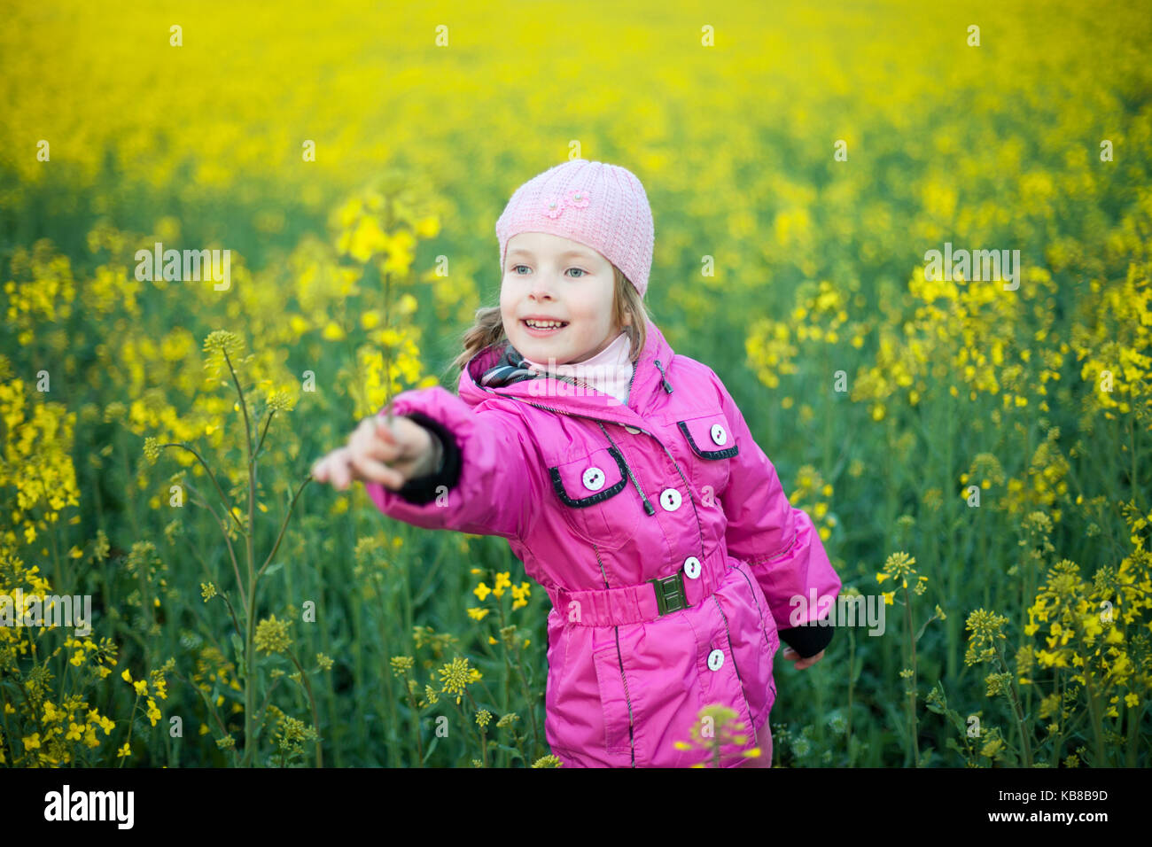 little girl with flower in field of yellow flowers Stock Photo - Alamy