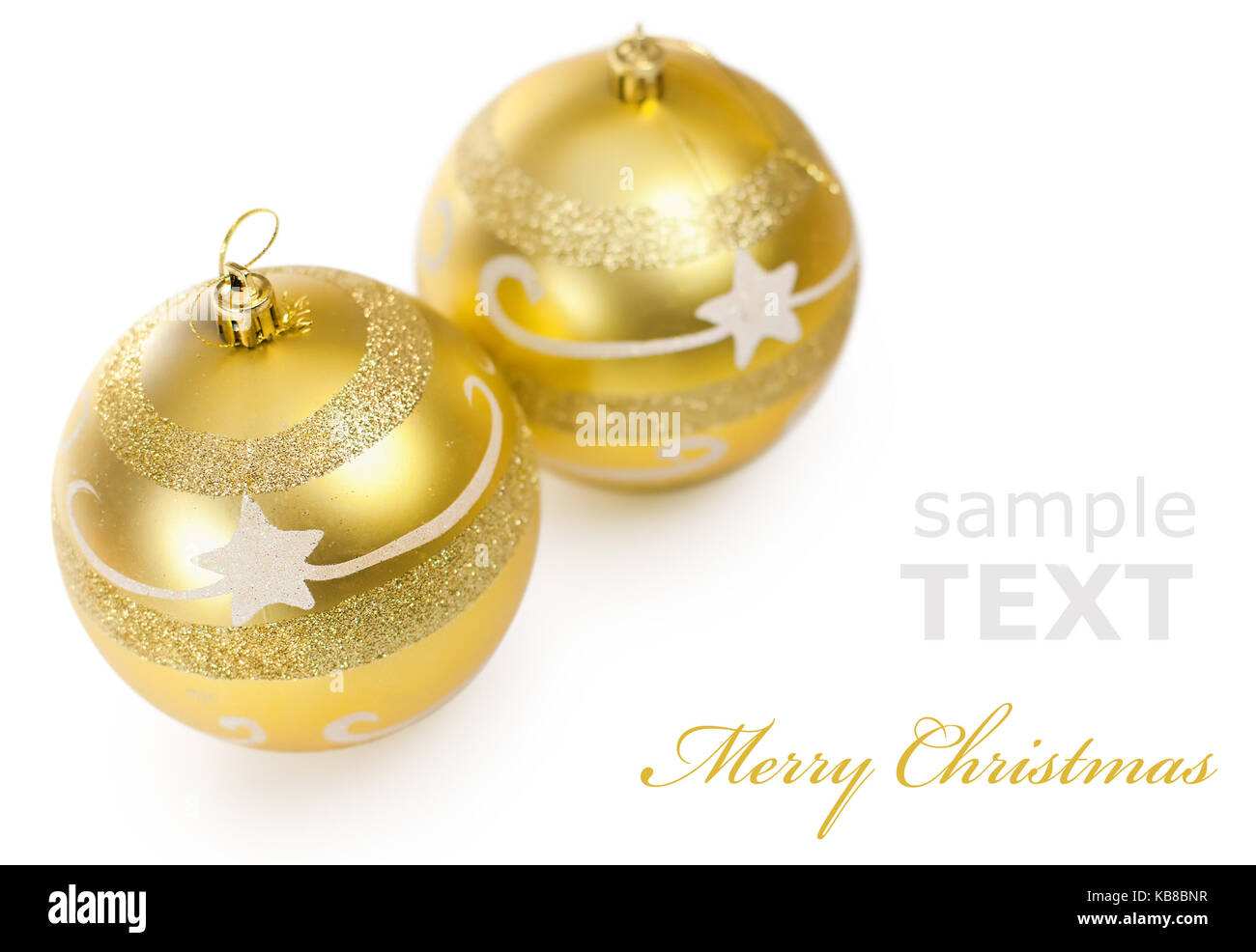 Two Christmas golden balls isolated on white background with copy space ...