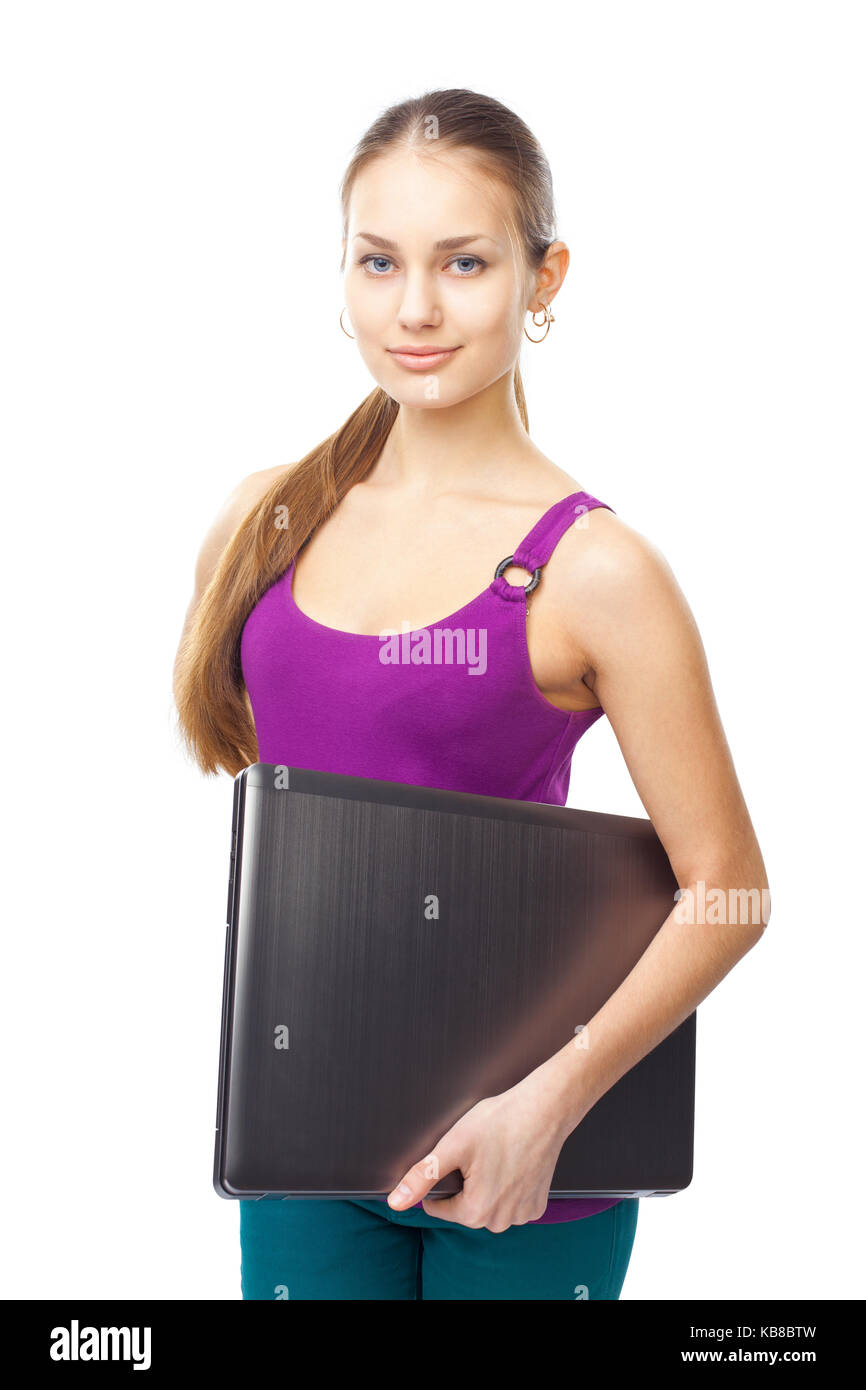 Student girl with laptop isolated on white background Stock Photo - Alamy