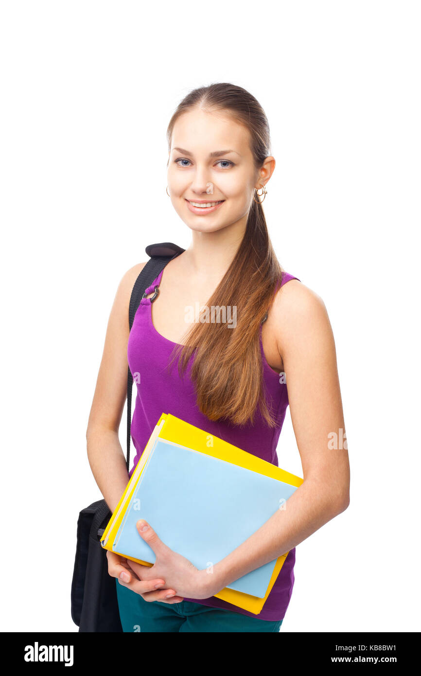 Portrait of a pretty young smiling student girl with books and bag ...