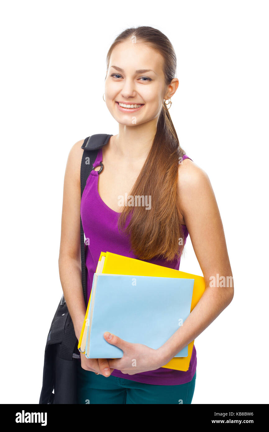 Portrait of a pretty young smiling student girl with books and bag ...