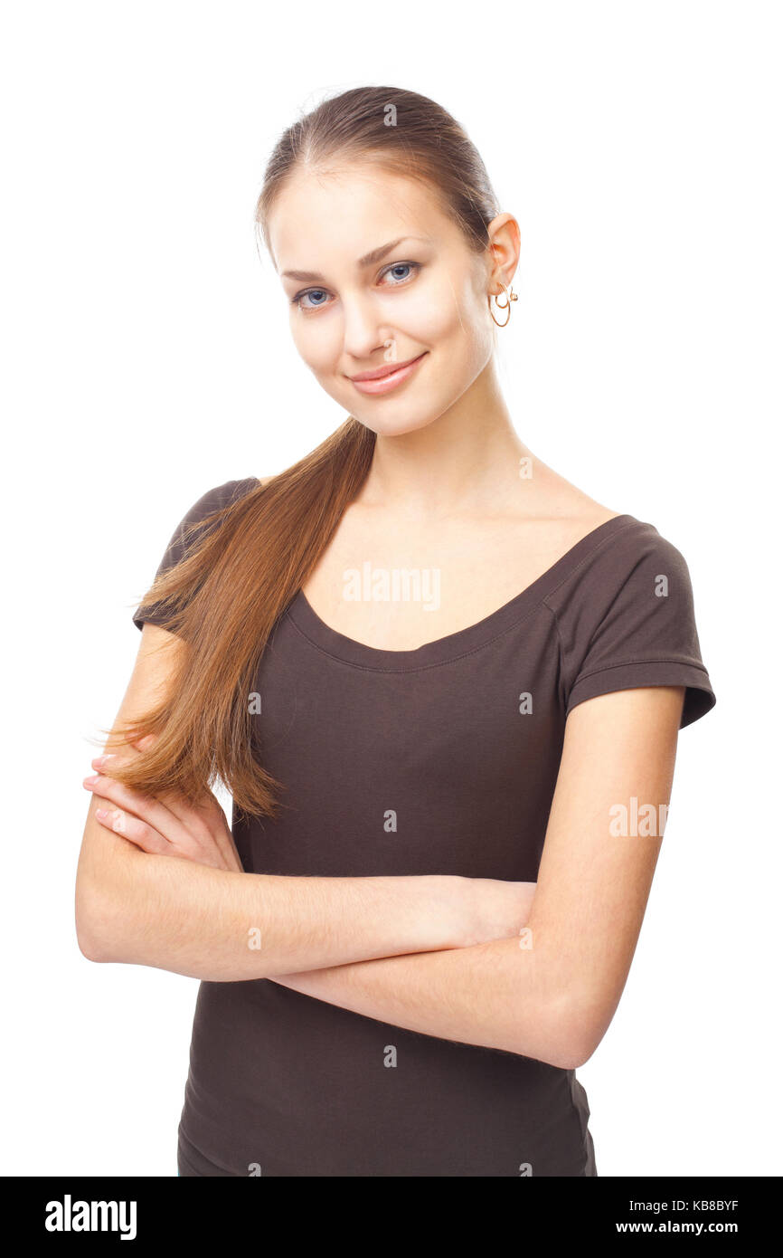 Portrait of a pretty young happy smiling woman isolated on white ...