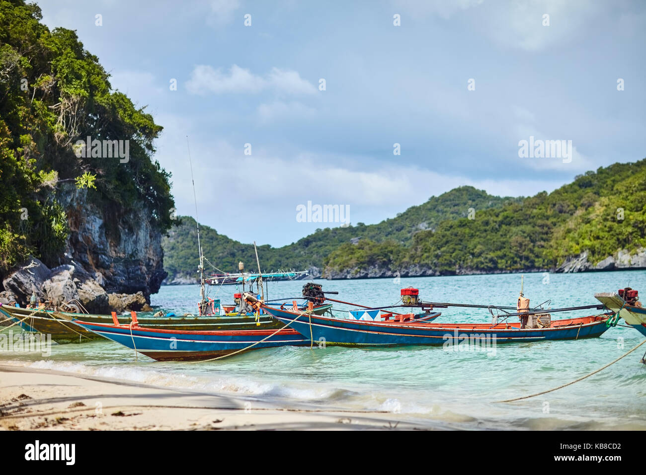 boats at tropical beach, Thailand Stock Photo