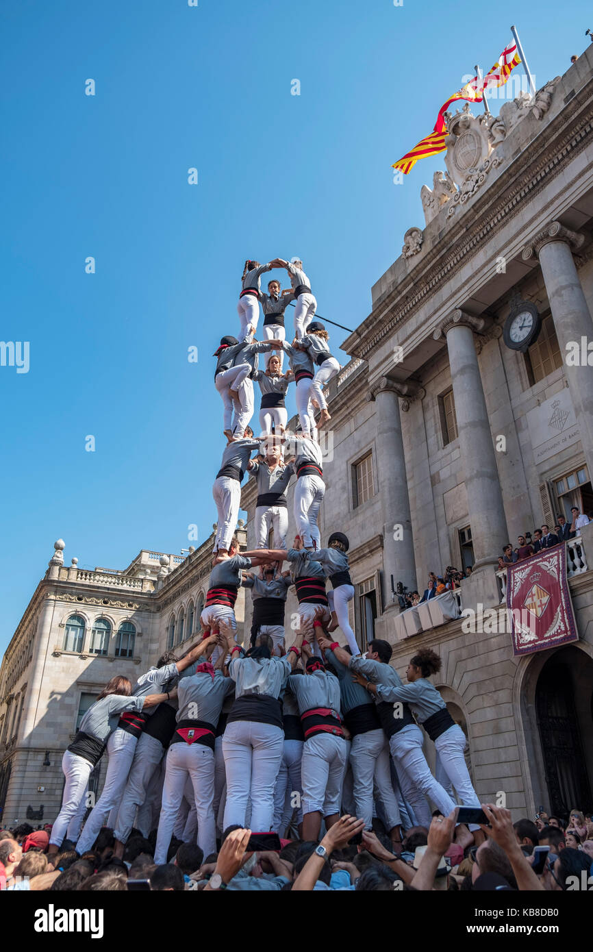 One of Catalonia’s most famous traditions is that of the “castells” (castles), which are human towers that are lifted by building different levels of Stock Photo