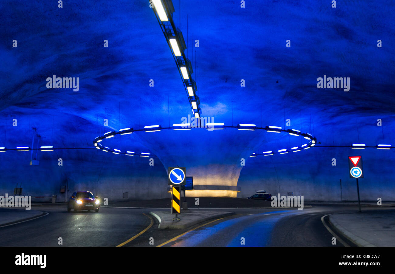 A roundabout in the Vallavik Tunnel in Granvin in Norway, Laedal Stock