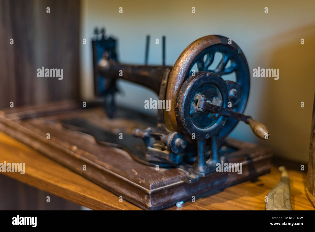 Antique sewing machine, selective focus Stock Photo